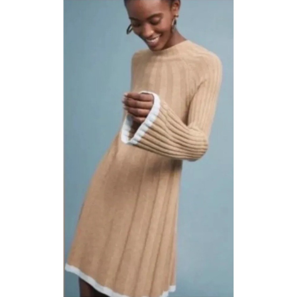 Anthropologie Wool Blend Sweater Dress Beige with Pale Blue Trim Women's S‎